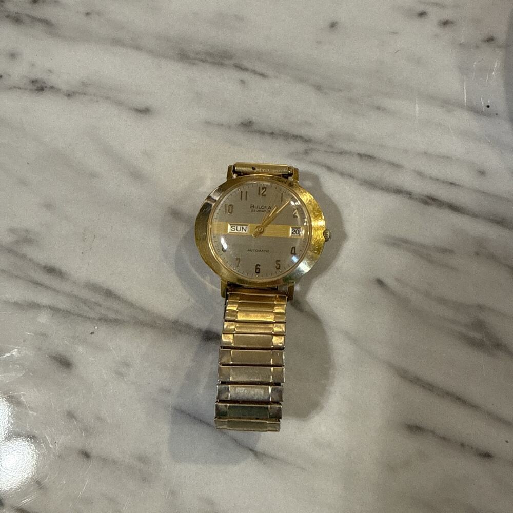 VINTAGE MEN'S 1970'S BULOVA AUTOMATIC 23 JEWELS DAY/DATE 10K R.G.P. BACK WATCH
